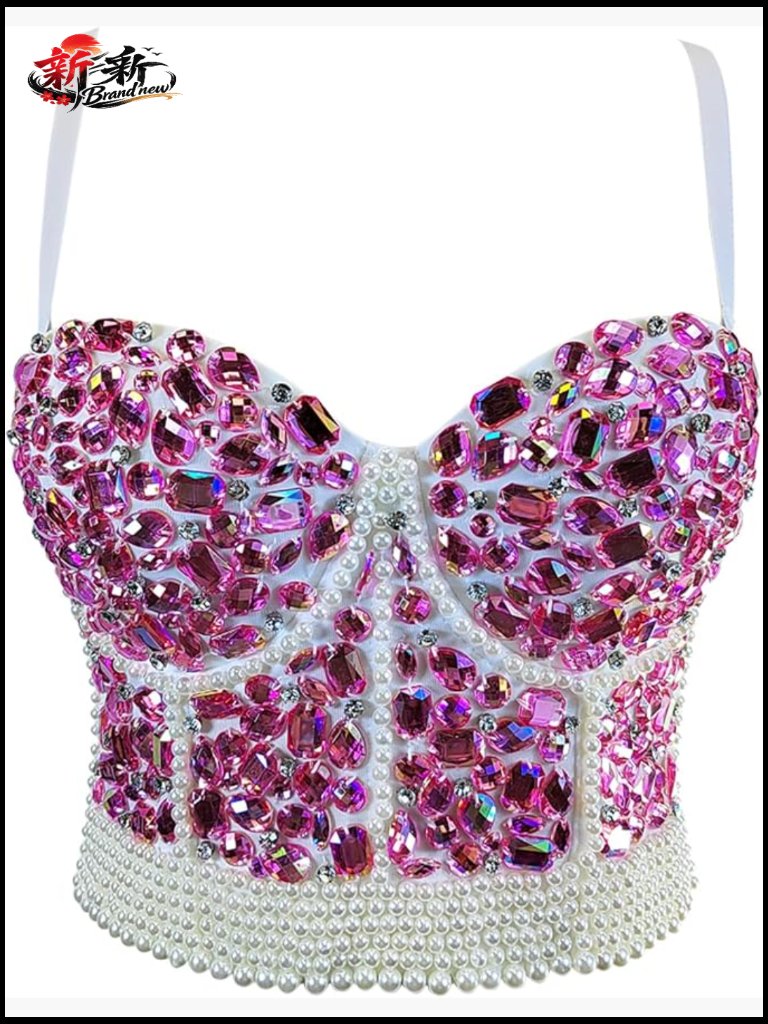Rhinestone Diamond Bead Bustier Crop Top Corset Bra Vest